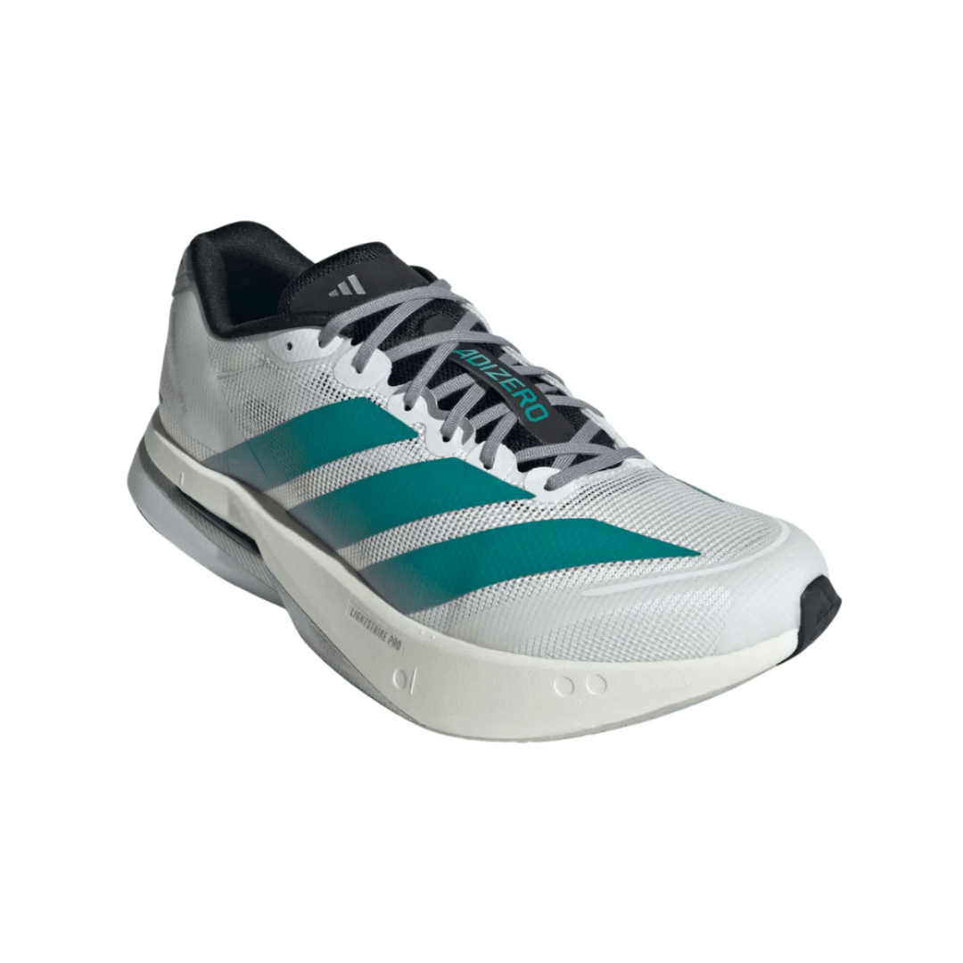 Adidas Adizero Boston 13 White Pure Teal sneakers on feet Dubai