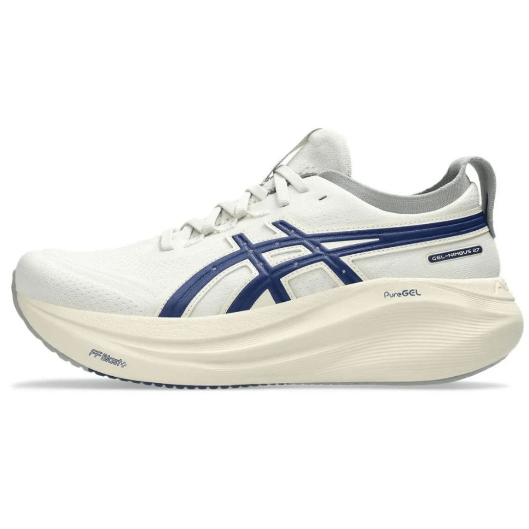 ASICS Gel-Nimbus 27 Birch Indigo Blue running shoes on feet Dubai