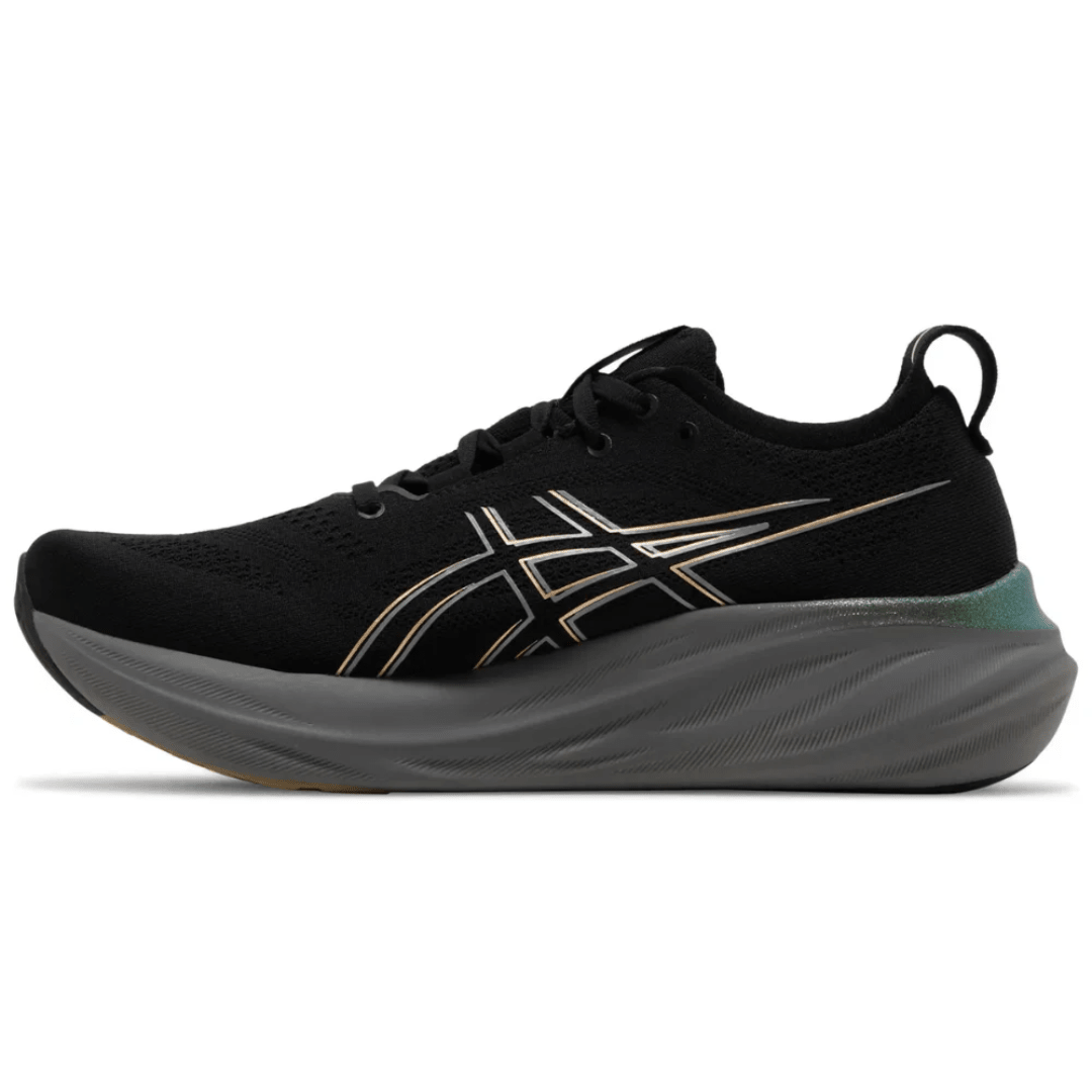 ASICS Gel-Nimbus 26 Platinum Black Champagne running shoes on feet Dubai