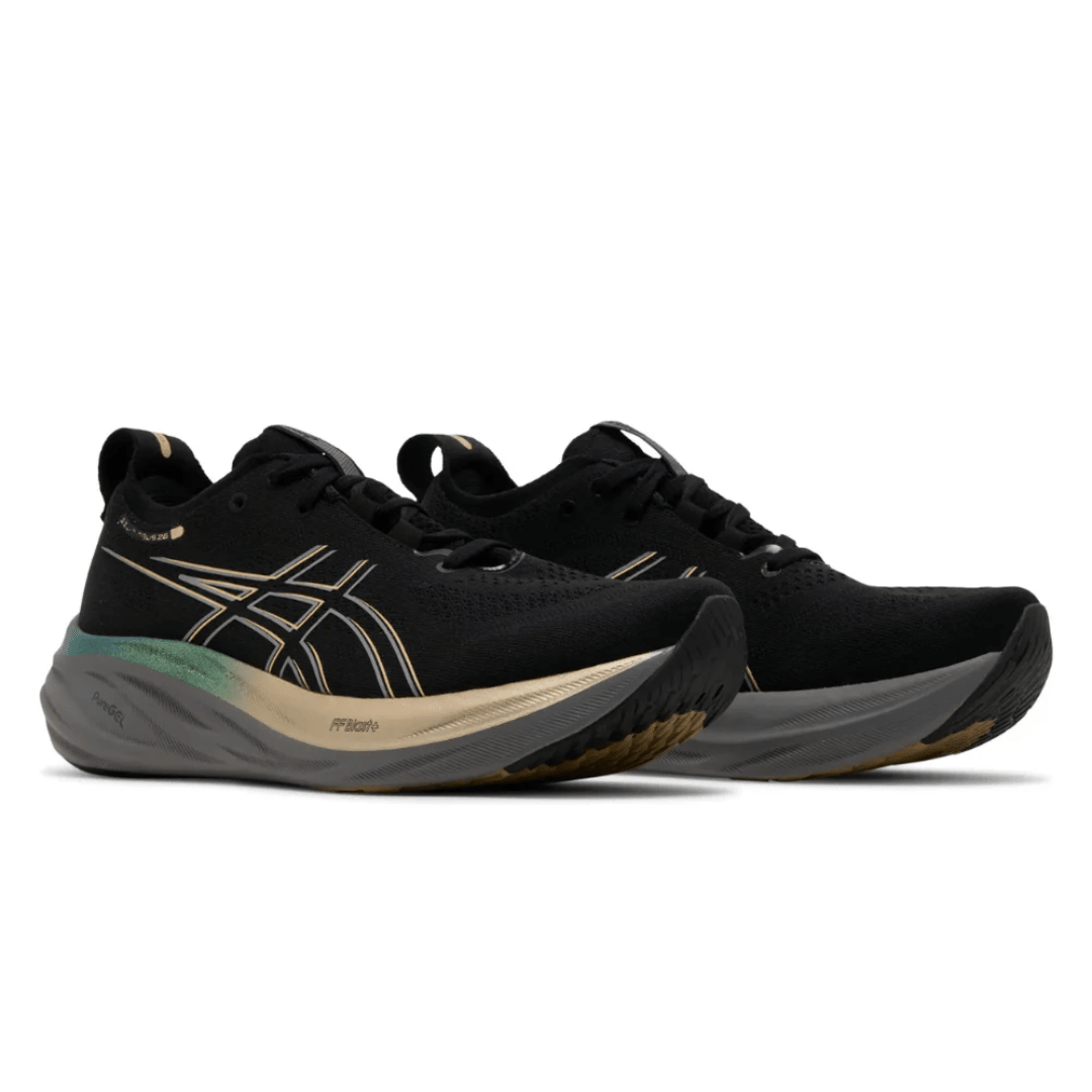 ASICS Gel-Nimbus 26 Platinum Black Champagne running shoes upper detail