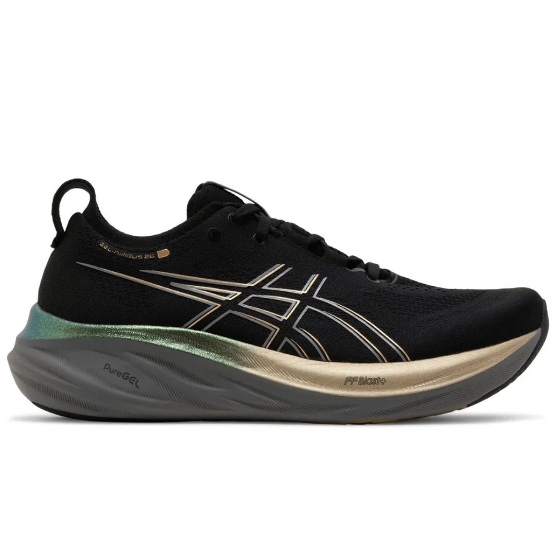 ASICS Gel-Nimbus 26 Platinum Black Champagne running shoes side profile