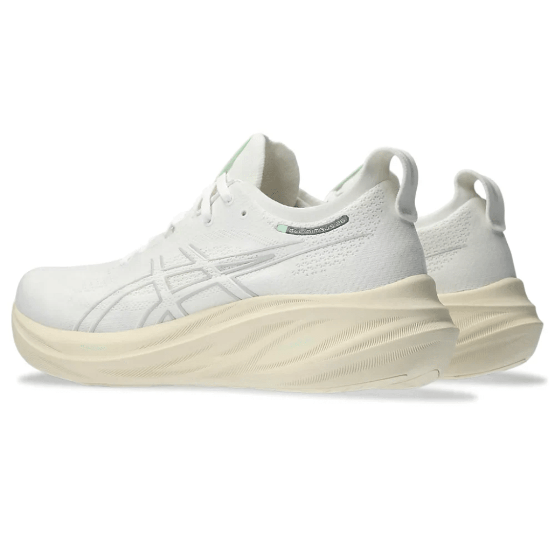 ASICS Gel-Nimbus 26 White Off White running shoes on feet Dubai