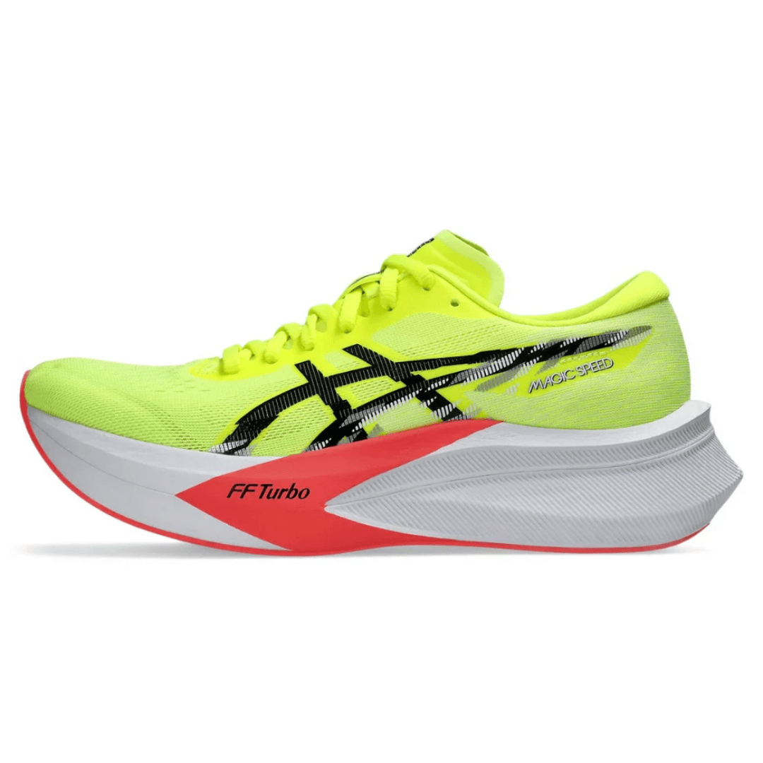 ASICS Magic Speed 4 Safety Yellow Black running shoes on feet Dubai