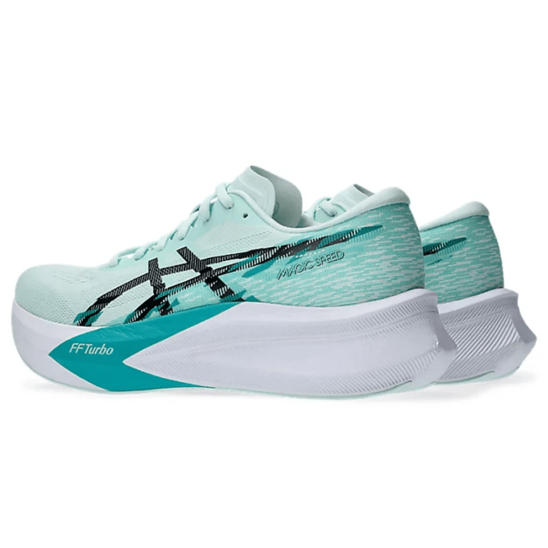 ASICS Magic Speed 4 Soothing Sea Black running shoes on feet Dubai