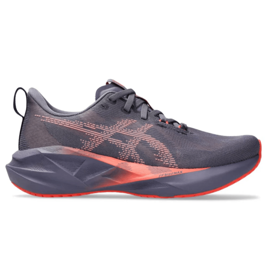 ASICS Novablast 5 Greyish Purple Coral Reef running shoes side profile