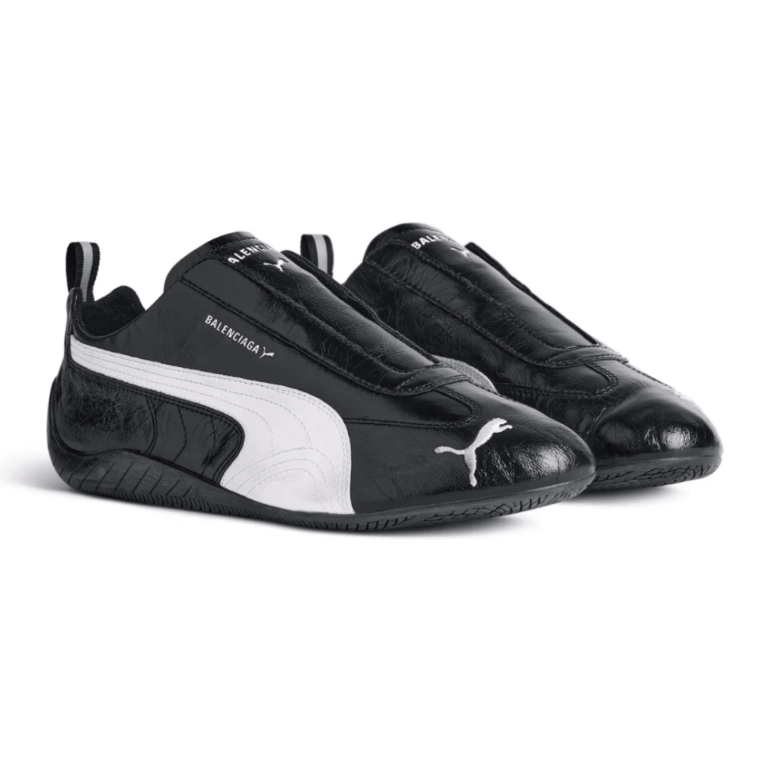 Balenciaga x Puma Speedcat Leather Black White sneakers on feet Dubai
