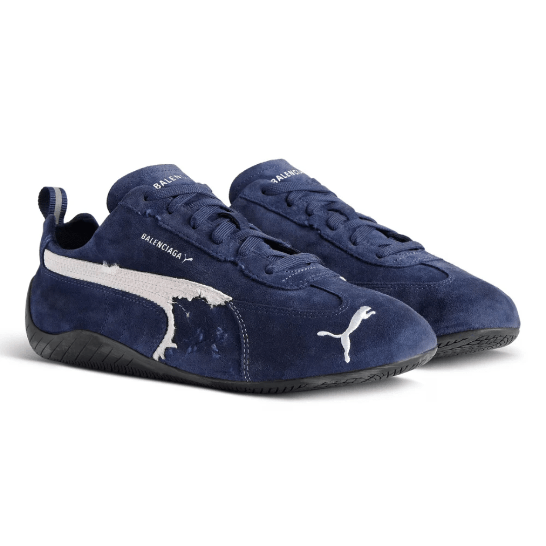 Balenciaga x Puma Speedcat Suede Navy White sneakers on feet Dubai