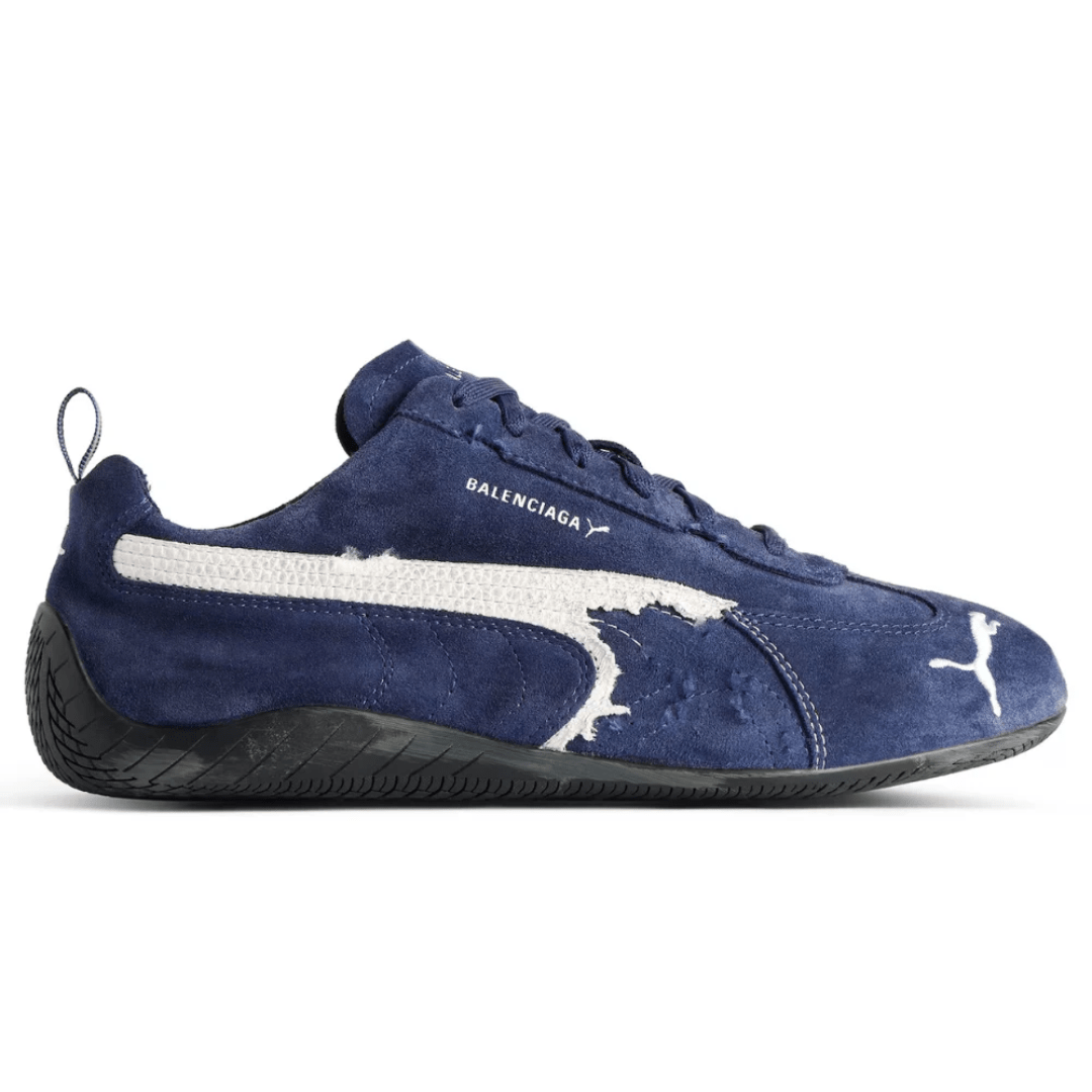 Balenciaga x Puma Speedcat Suede Navy White sneakers side profile