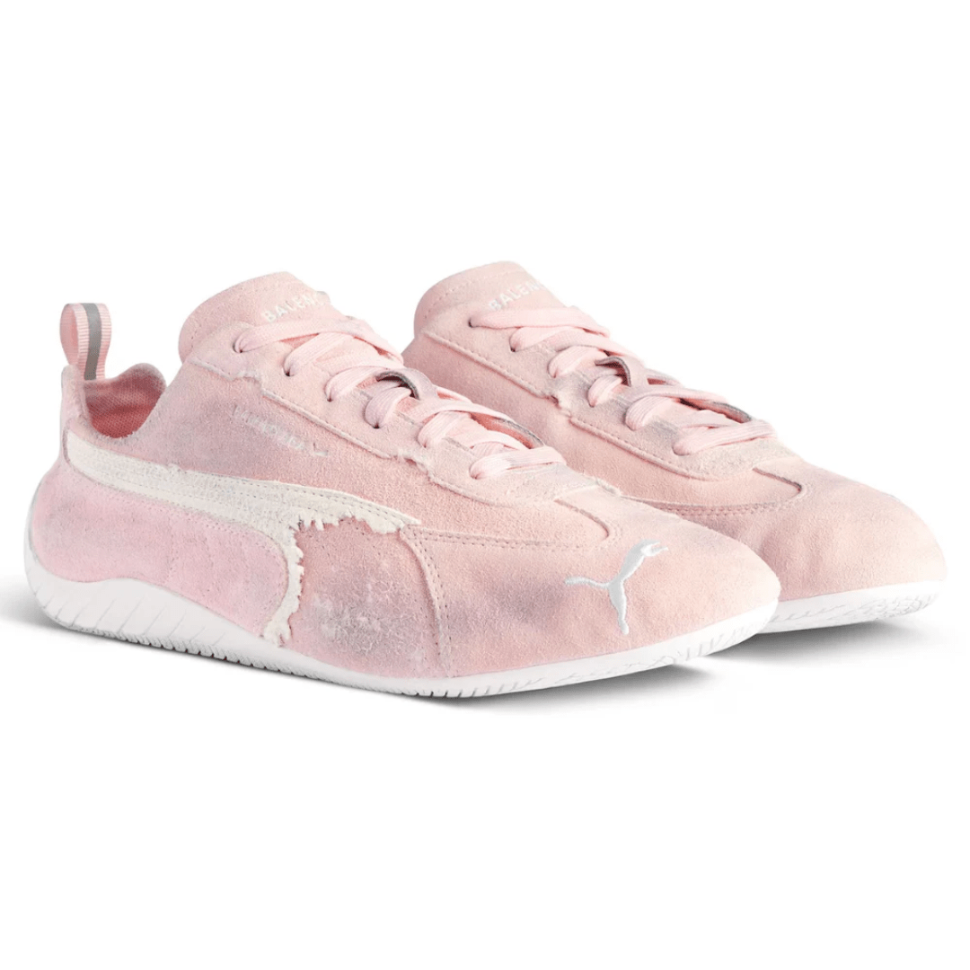Balenciaga x Puma Speedcat Suede Pink White sneakers on feet Dubai