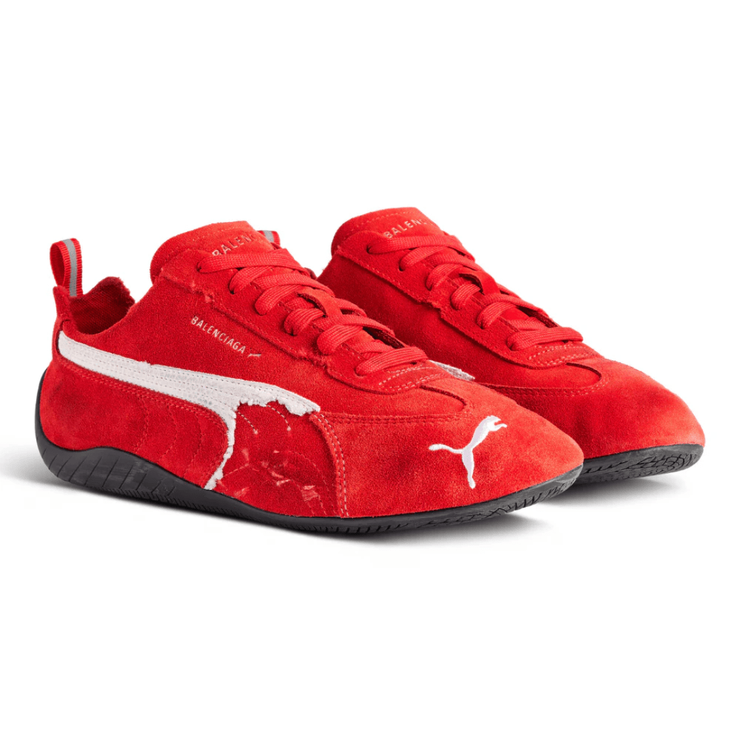 Balenciaga x Puma Speedcat Suede Red White sneakers on feet Dubai