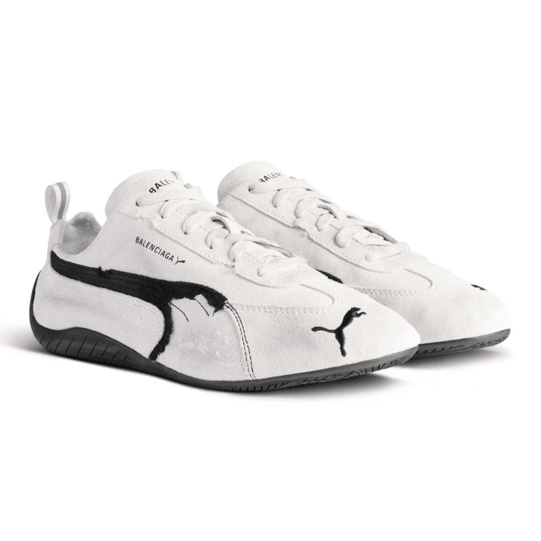 Balenciaga x Puma Speedcat Suede White Black sneakers on feet Dubai