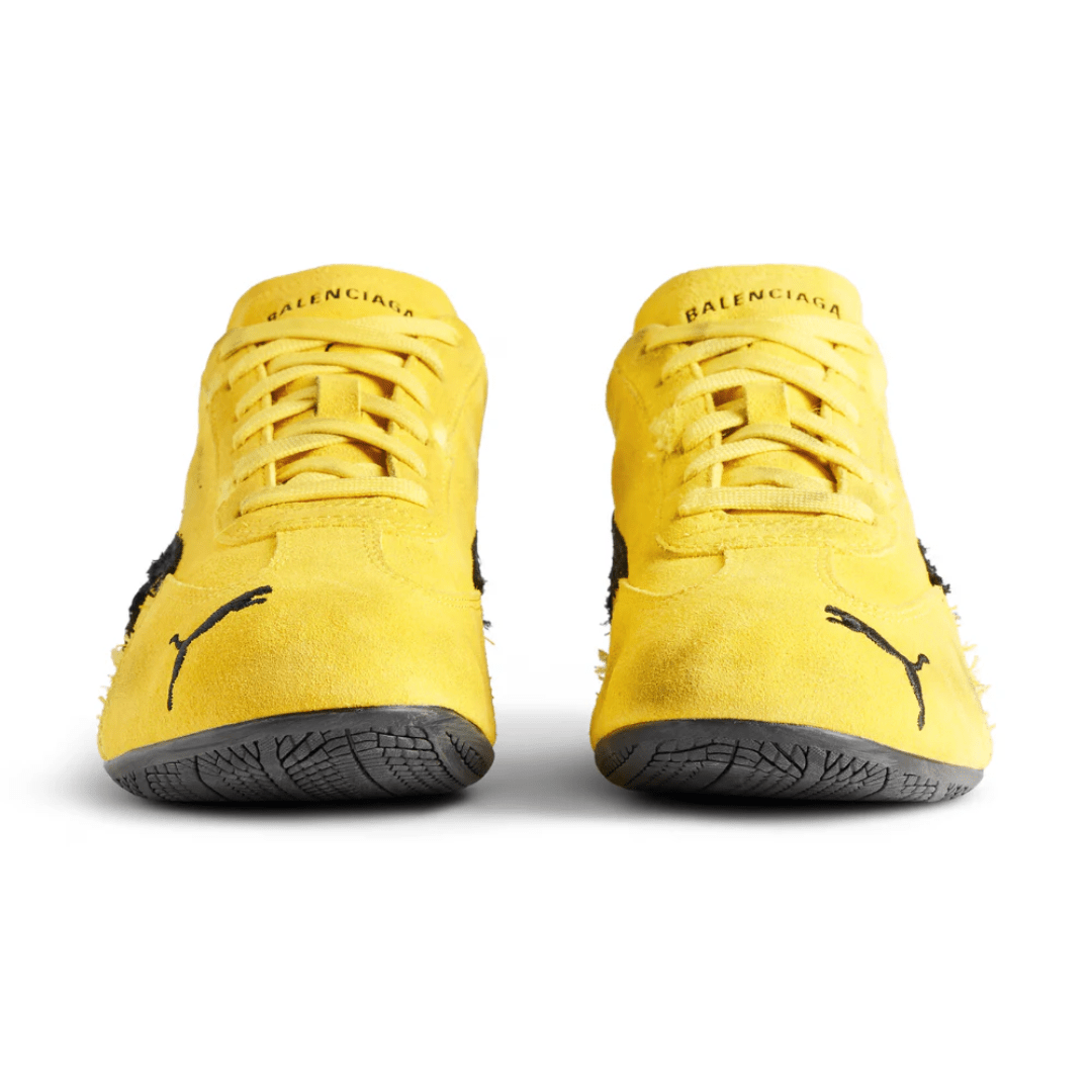 Balenciaga x Puma Speedcat Suede Yellow Black sneakers upper detail