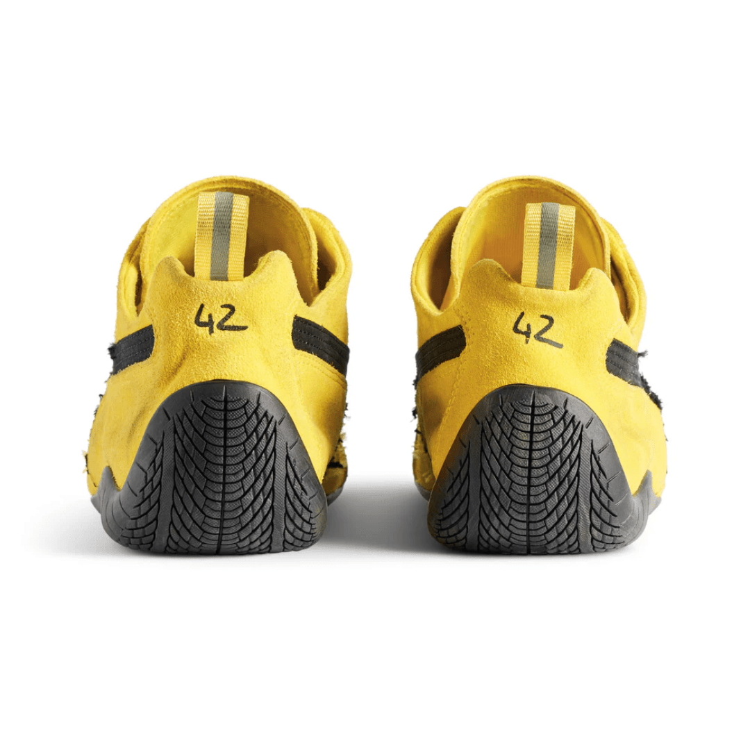 Balenciaga x Puma Speedcat Suede Yellow Black sneakers heel view