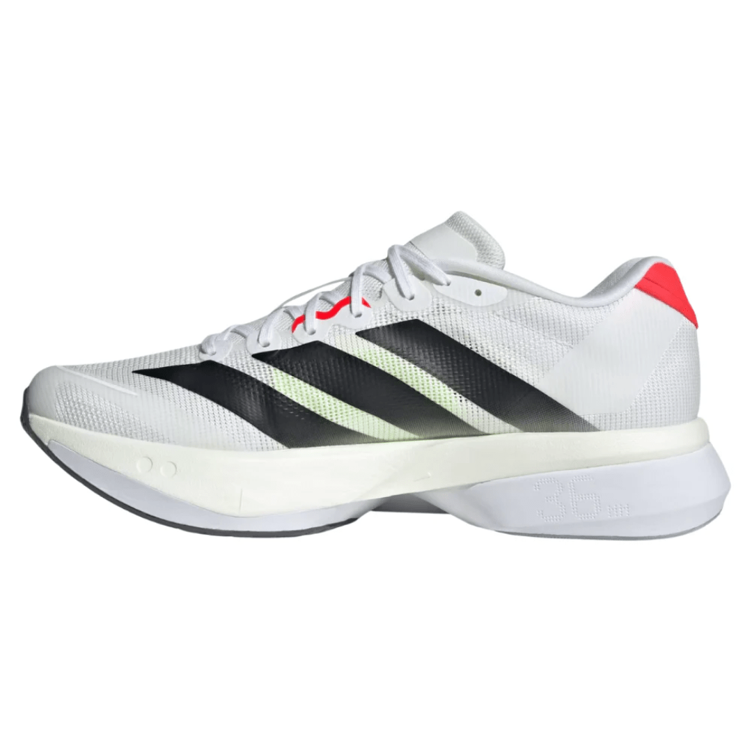 Adidas Adizero Boston 13 White Black Lucid Red sneakers on feet Dubai