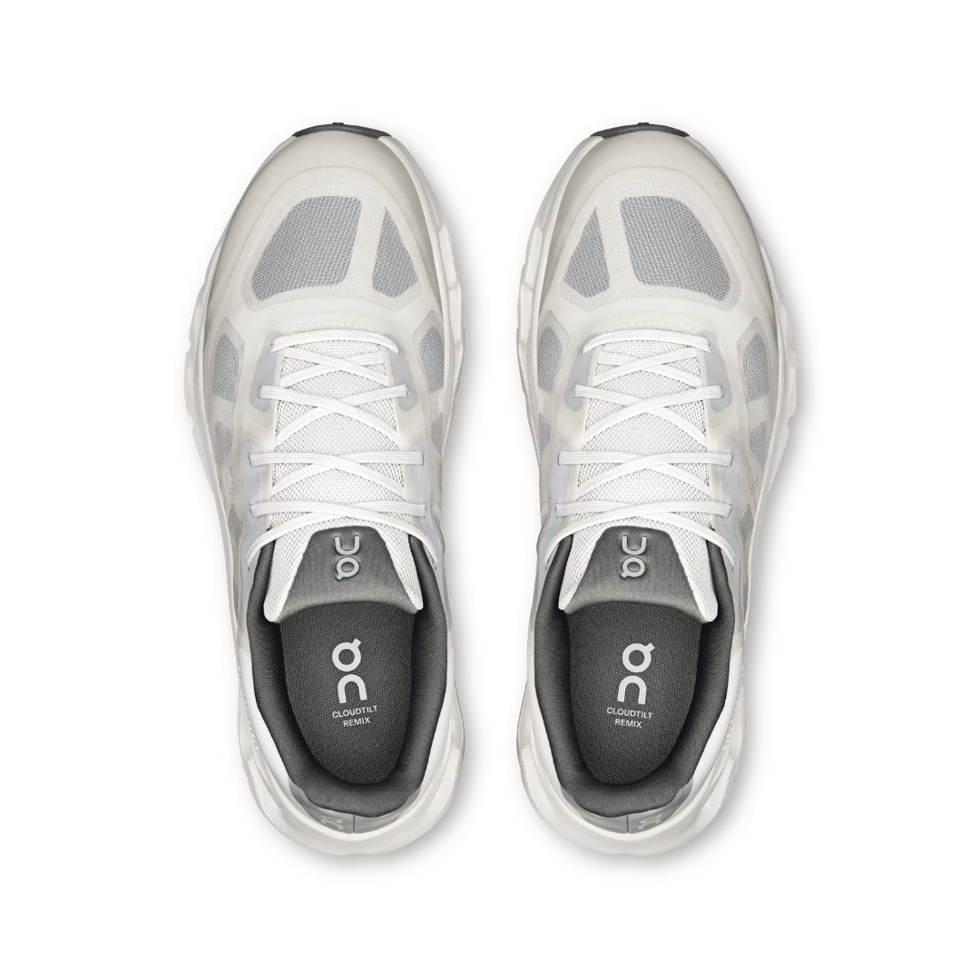 Top view of On Cloudtilt Remix Alloy Ivory upper and laces