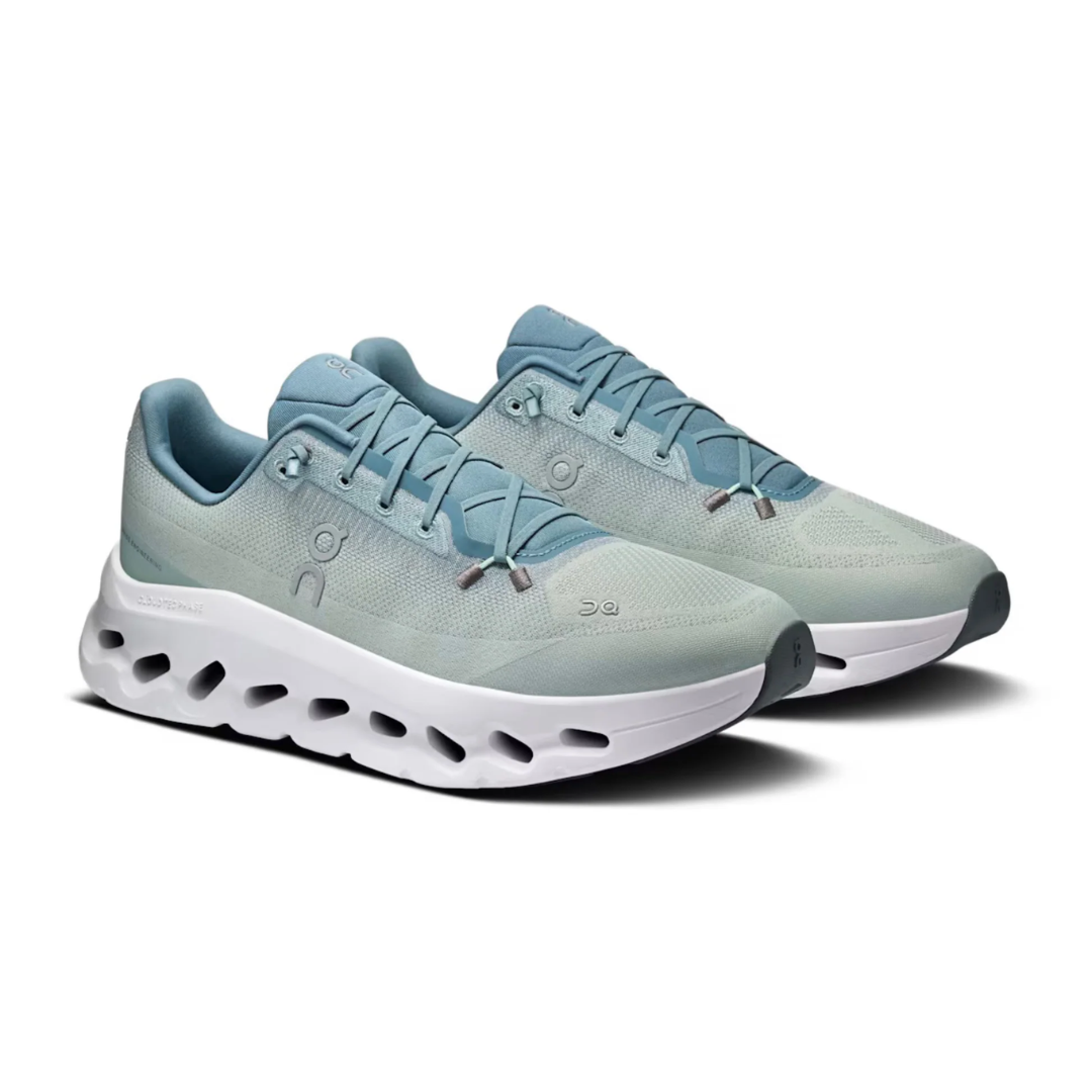 Front view of blue and white On Cloudtilt shoes