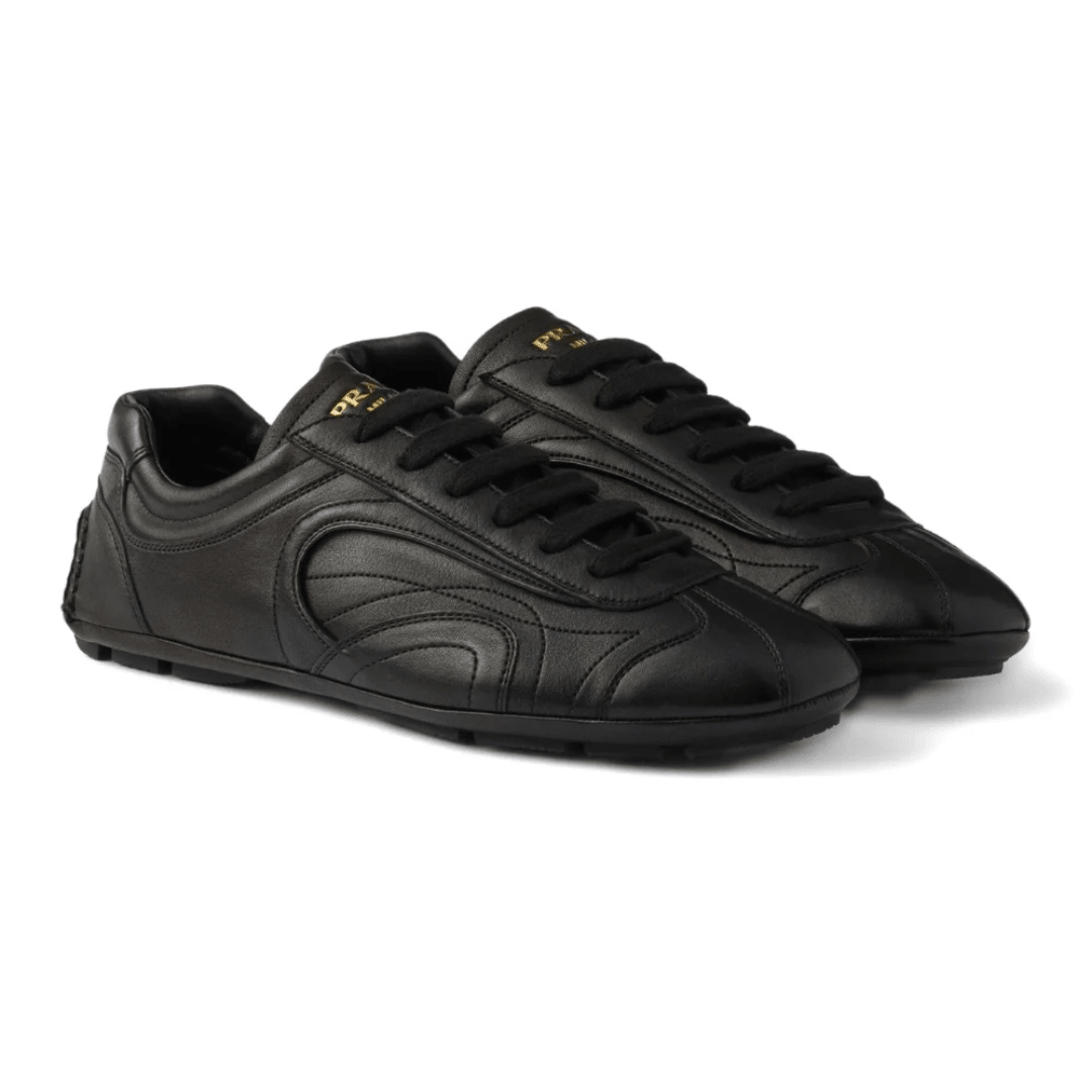 Prada Montecarlo Re-edition 2005 Antiqued Nappa Leather Sneakers Black on feet Dubai