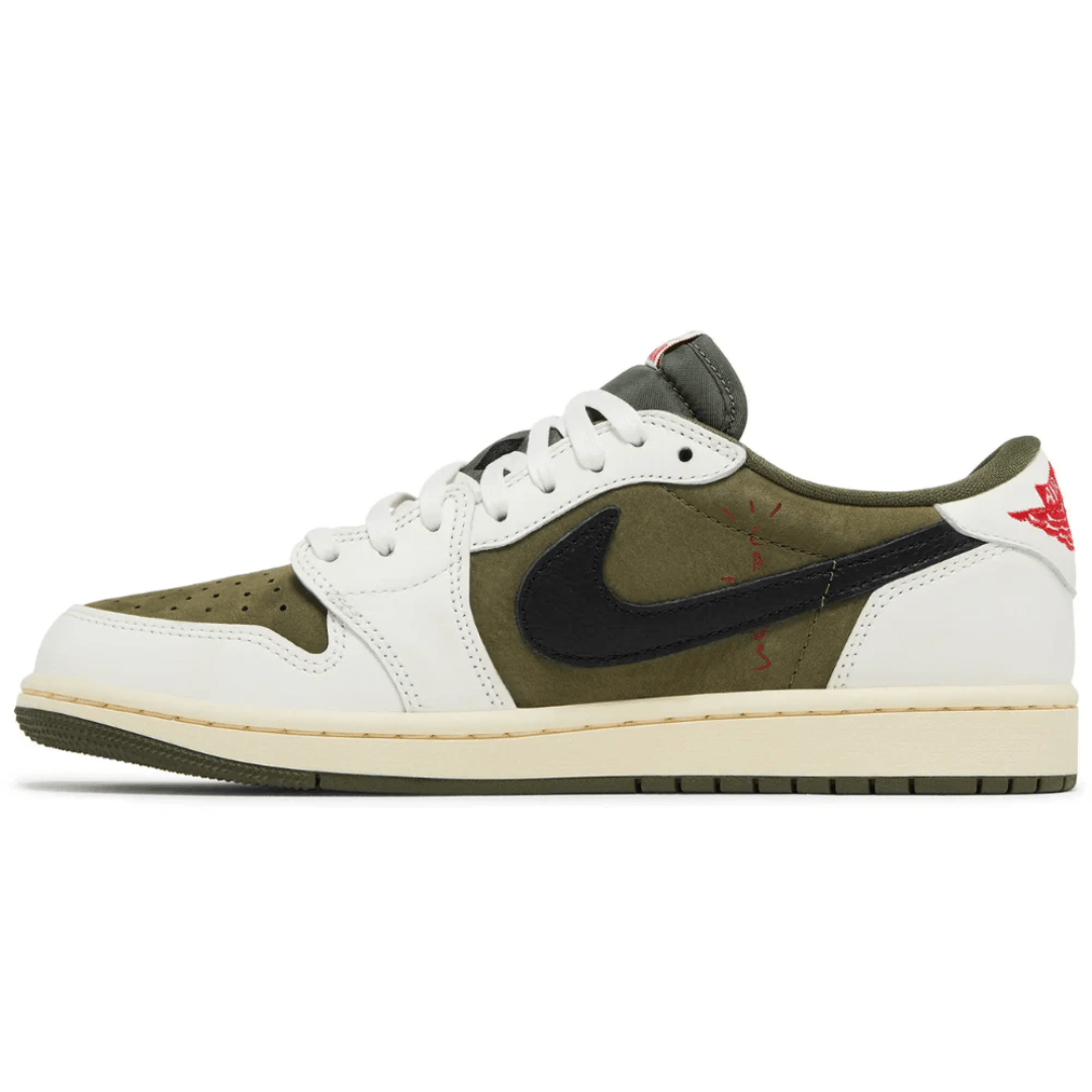 Travis Scott x Nike Air Jordan 1 Retro Low OG SP Reverse Olive Medium Olive sneakers on feet Dubai